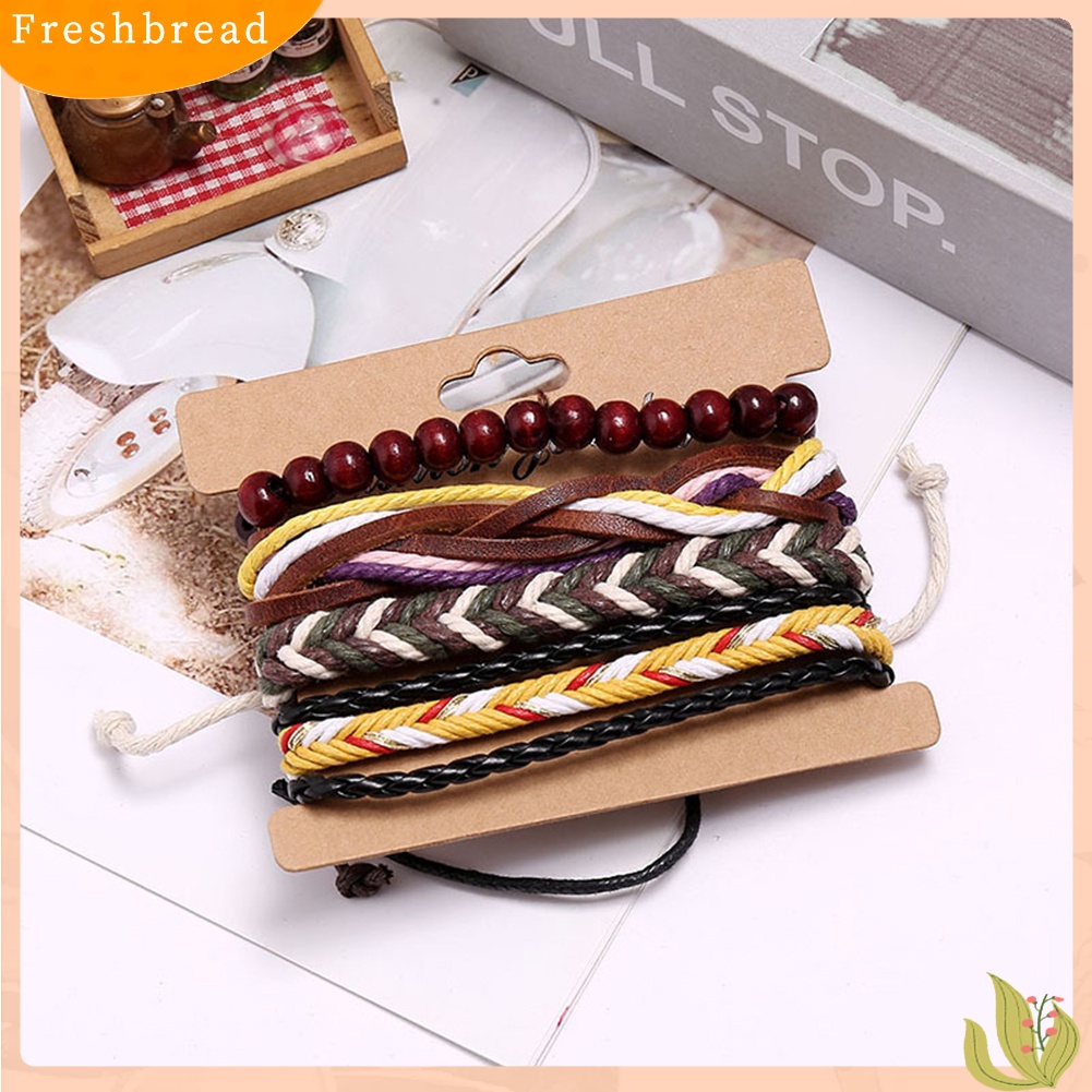 &lt; Freshbread &gt; 4Pcs Pria Kulit Imitasi Tali Dikepang Yang Dapat Disesuaikan Bangle Gelang Pergelangan Tangan Perhiasan