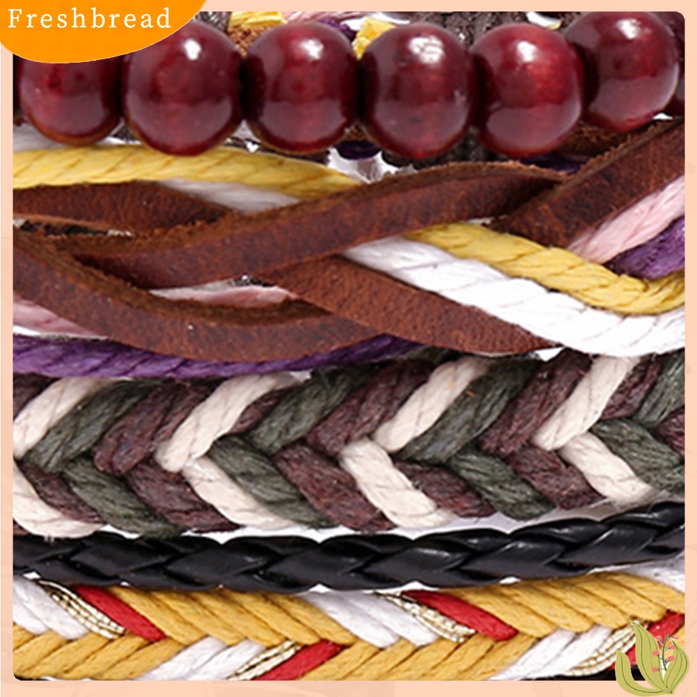 &lt; Freshbread &gt; 4Pcs Pria Kulit Imitasi Tali Dikepang Yang Dapat Disesuaikan Bangle Gelang Pergelangan Tangan Perhiasan