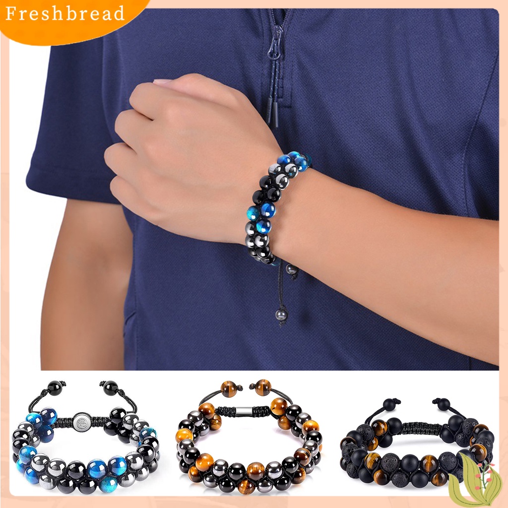 &lt; Freshbread &gt; Beads Bracelet Adjustable Beaded Double Layer Triple Protection Tali Elastis Membawa Keberuntungan Hadiah Pria Wanita Alami Faux Tiger Eye Healing Bracelet Untuk Teman