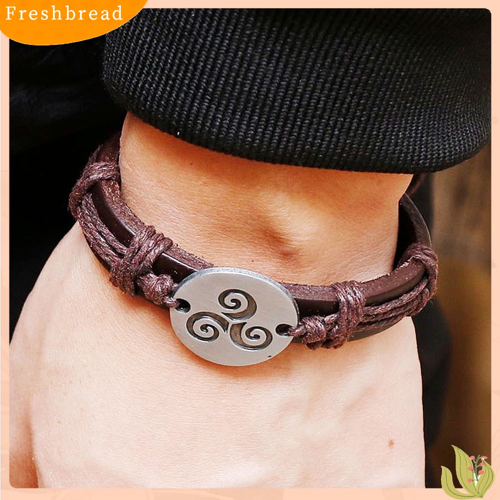 &lt; Freshbread &gt; Vintage Pria Wanita Spiral Triskele Putaran Pesona Dikepang Gelang Kulit Imitasi