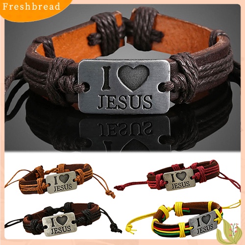 &lt; Freshbread &gt; Unisex I LOVE JESUS Faux Leather Bangle Rantai Tali Rami Gelang Yang Dapat Disesuaikan