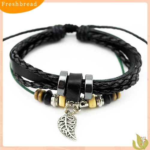 &lt; Freshbread &gt; Unisex Multi-layer Gelang Kulit Imitasi Daun Liontin Beads Adjustable Jewelry