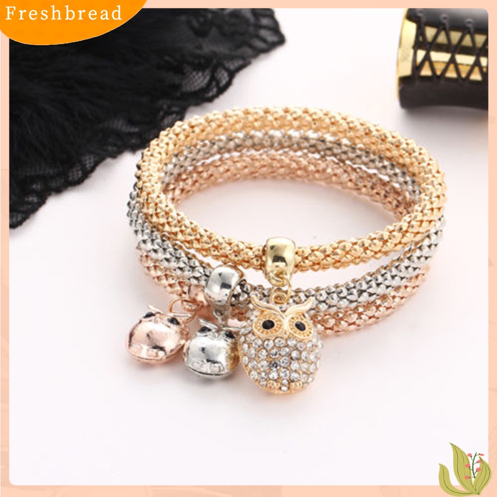 &lt; Freshbread &gt; 3Pcs/Set Wanita Fashion Burung Hantu Pohon Gelang Berlian Imitasi Liontin Bangle Perhiasan Hadiah