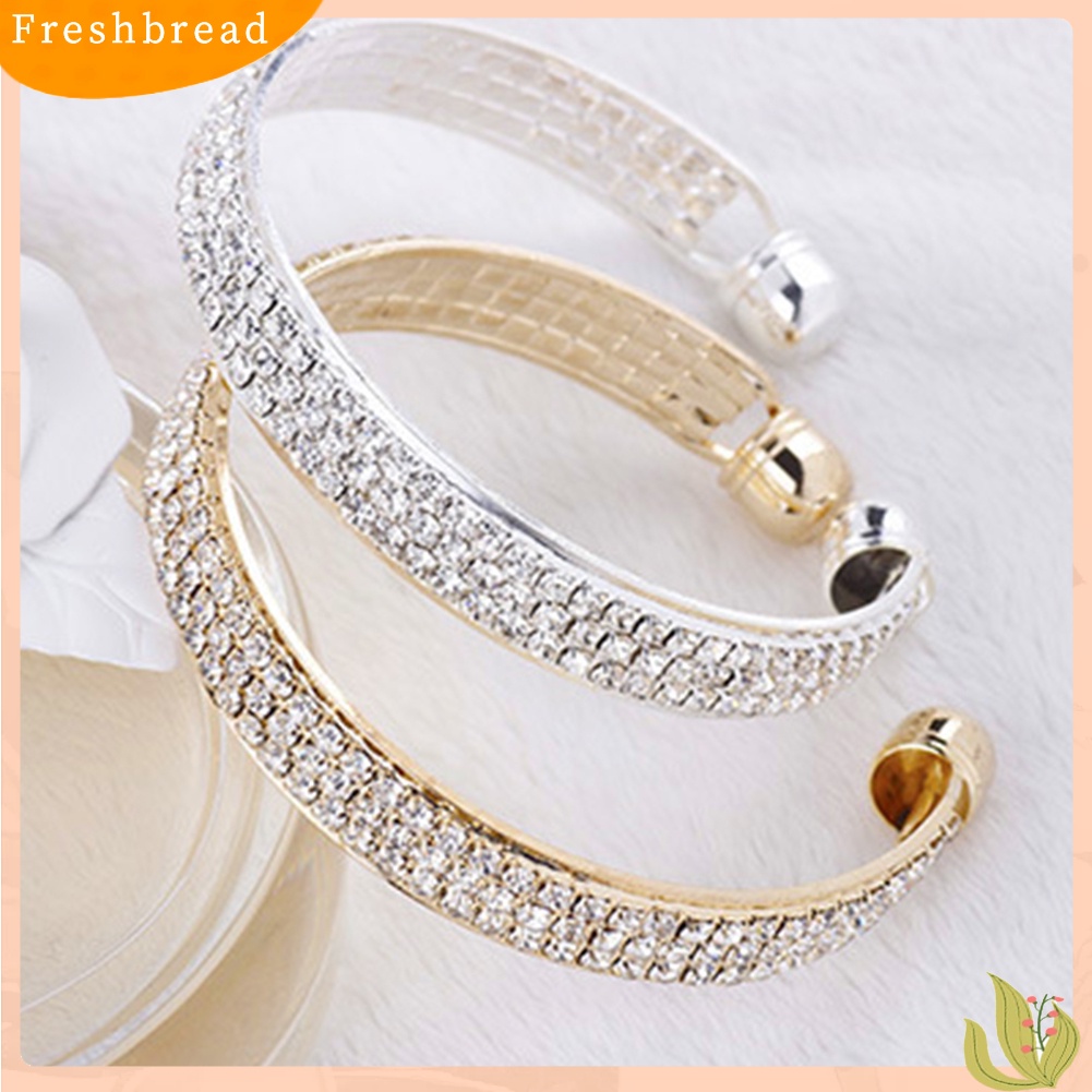 &lt; Freshbread &gt; 3baris Berlian Imitasi Mengkilap Pernikahan Pengantin Gelang Ujung Terbuka Bangle Lady Jewelry