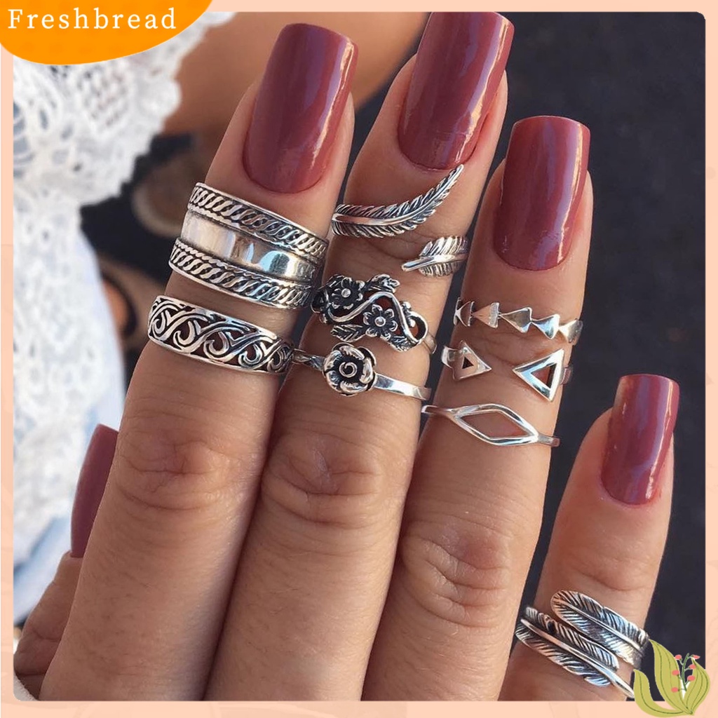 &lt; Freshbread &gt; 9Pcs Stackable Knuckle Rings Hollow Keluar Bunga Daun Wanita Vintage Finger Rings Perhiasan Aksesoris