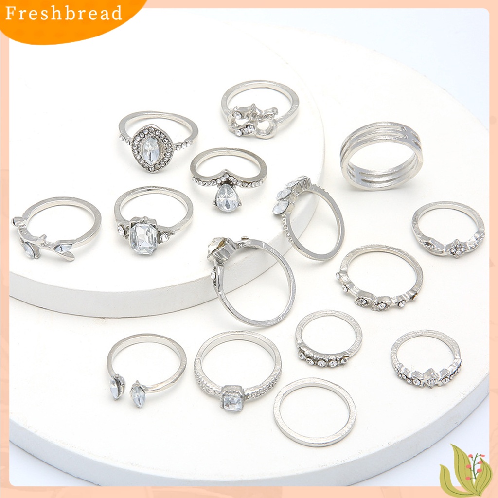 &lt; Freshbread &gt; 15Pcs Cincin Jari Trendi Pengerjaan Halus Semua Pertandingan Warna Perak Berongga Keluar Wanita Ring Untuk Pergi Jalan