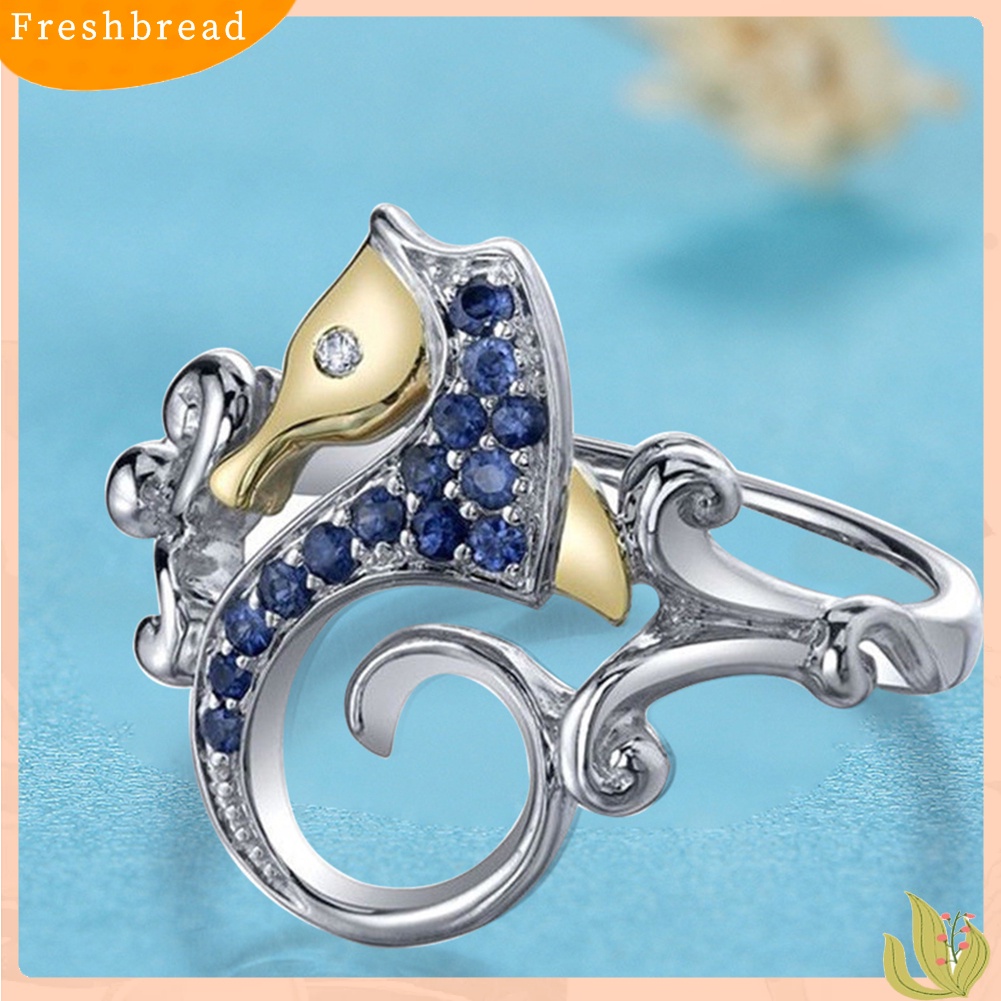 &lt; Freshbread &gt; Fashion Berlian Imitasi Biru Kuda Laut Perak Disepuh Jari Cincin Wanita Perhiasan Hadiah