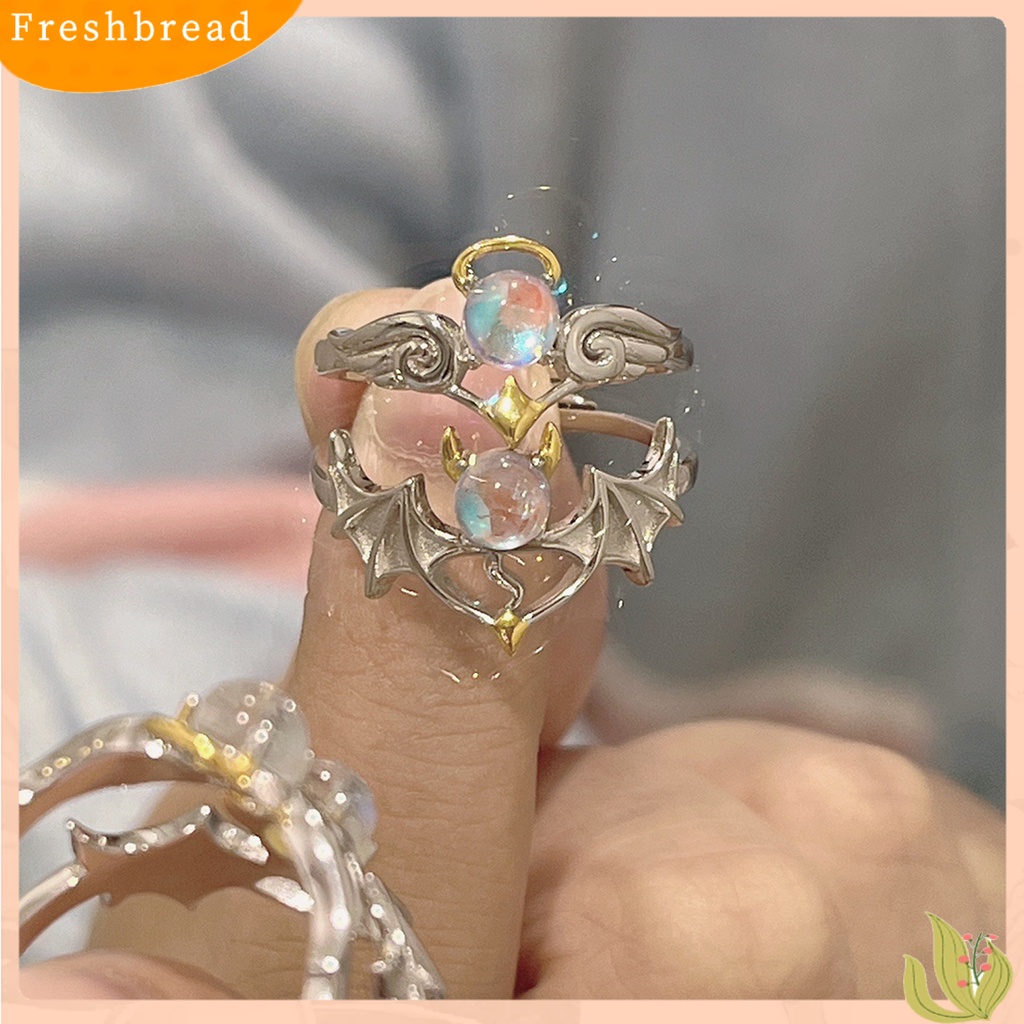 &lt; Freshbread &gt; Wanita Cincin Romantis Bersinar Faux Moonstone Desain Pembukaan Yang Dapat Disesuaikan Hadiah Hias Sayap Setan Malaikat Jari Cincin Perhiasan Pesta Untuk Kekasih