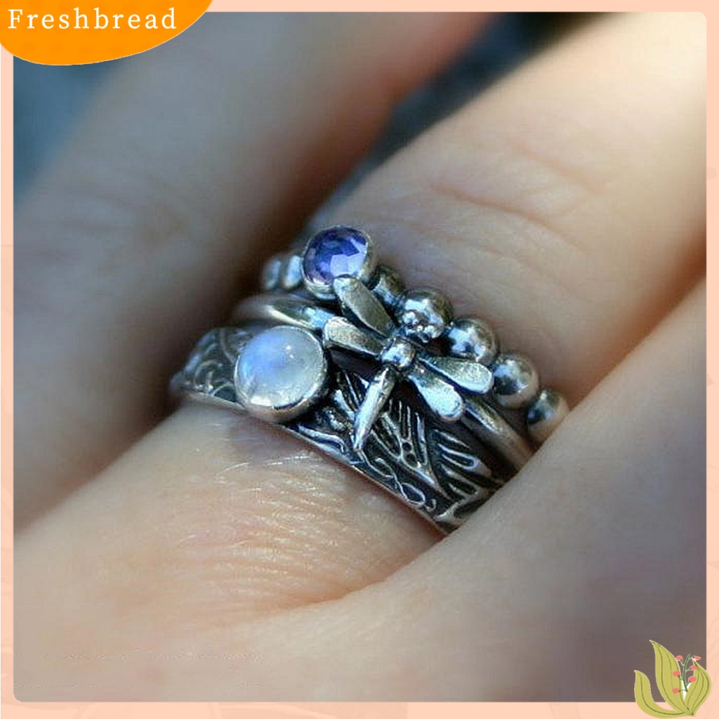 &lt; Freshbread &gt; 3Pcs/Set Cincin Bentuk Capung Imitasi Oval Permata Wanita Silver Mini Stackable Ring Sets Untuk Hadiah