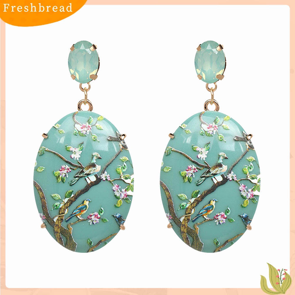 &lt; Freshbread &gt; Retro Wanita Bunga Oval Imitasi Batu Permata Menjuntai Anting Eardrop Pesta Perhiasan