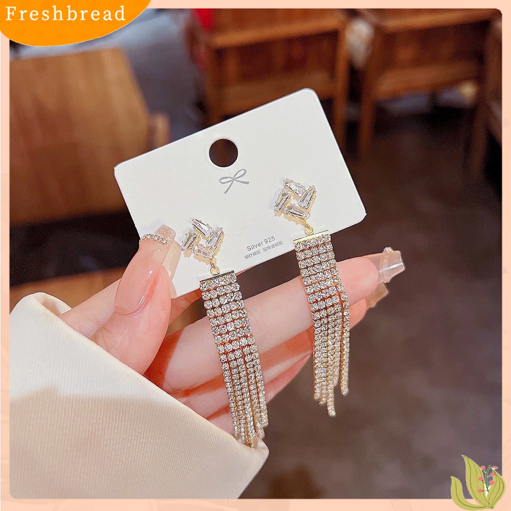 &lt; Freshbread &gt; 1pasang Anting Panjang Geometris Elegan Berlebihan Rantai Panjang Temperamen Bertatahkan Berlian Imitasi Anting Rumbai Panjang Aksesoris Fashion