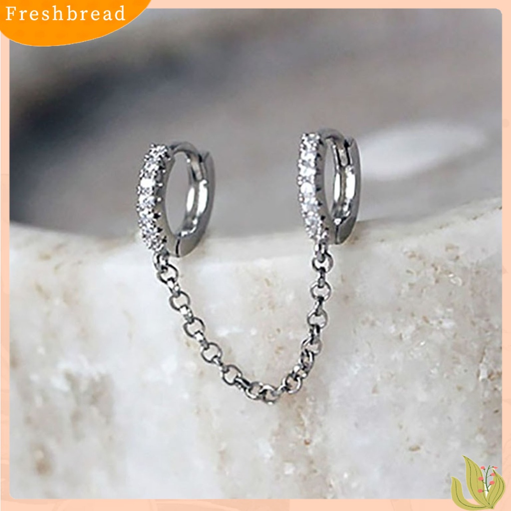 &lt; Freshbread &gt; 1pasang Anting Hoop Rantai Rumbai Cubic Zirconia Wanita Shiny Double Ear Piercing Lingkaran Earrings Perhiasan Aksesoris