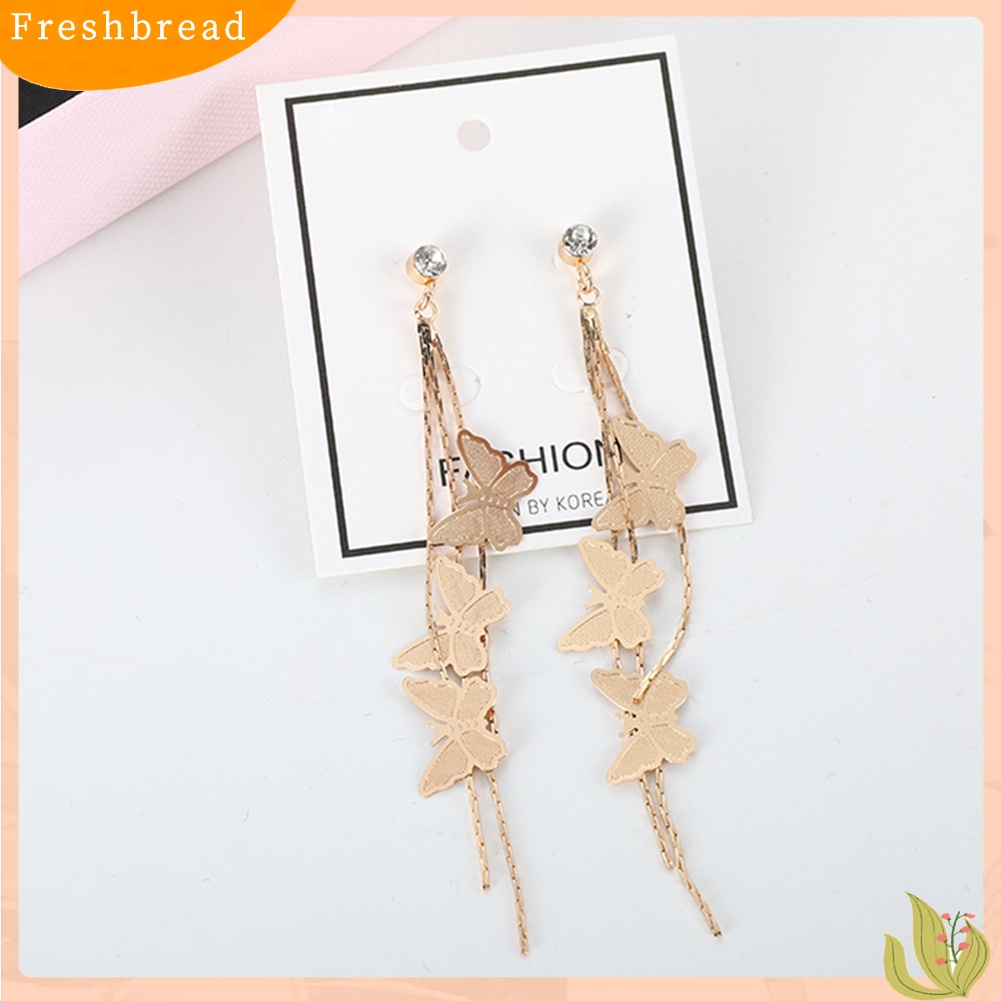 < Freshbread > Fashion Wanita Kupu-Kupu Rumbai Panjang Menjuntai Berlian Imitasi Stud Earrings Jewelry