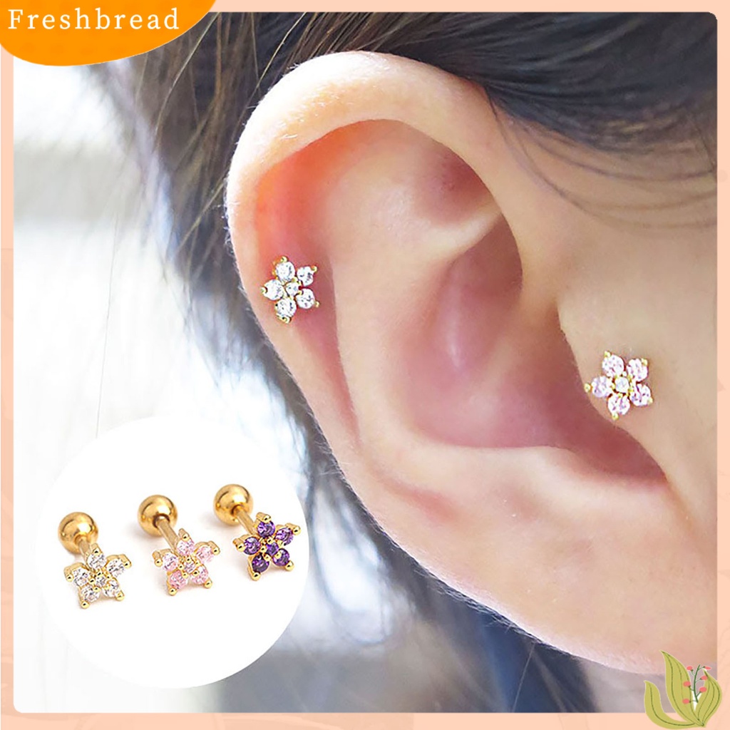 &lt; Freshbread &gt; 1Pc Indah Tindik Stainless Steel Tongkat Telinga Tulang Stud Cubic Zirconia Bunga Kecil Stud Earring Perhiasan Aksesori