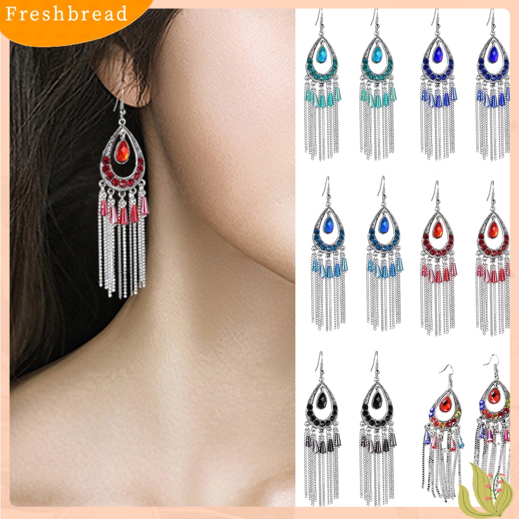 &lt; Freshbread &gt; 1pasang Anting Lady Bentuk Tetesan Air Rumbai Berlian Imitasi Vintage Drop Earrings Untuk Pakaian Sehari-Hari