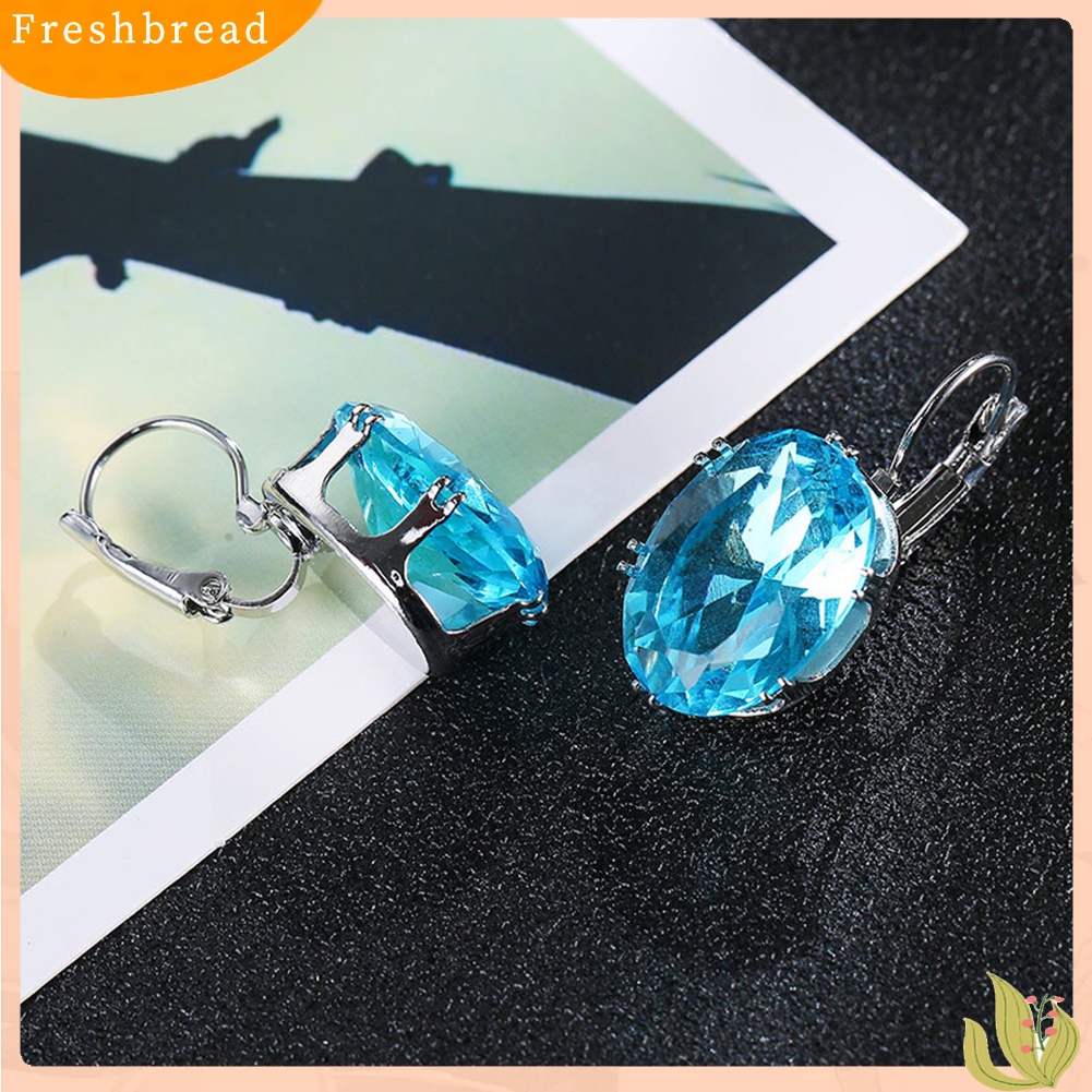 &lt; Freshbread &gt; Wanita Elegan Oval Batu Permata Imitasi Hias Menjuntai Leverback Earrings Perhiasan Hadiah