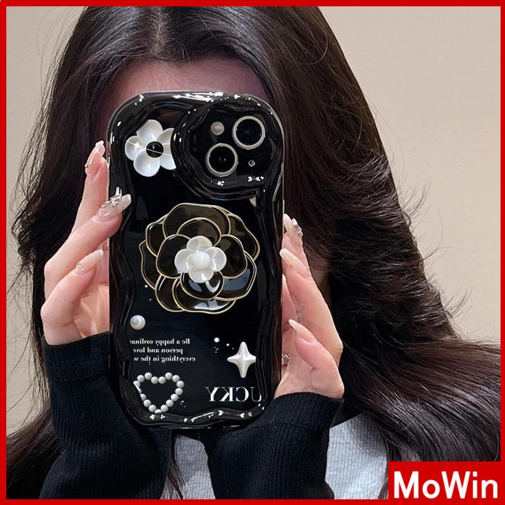 For iPhone 14 Pro Max iPhone Case 3D Curved Edge Wave Glossy Black TPU Airbag Shockproof Camera Cover Luxury Camellia Compatible with iPhone 13 Pro max 12 Pro Max 11 xr xs max