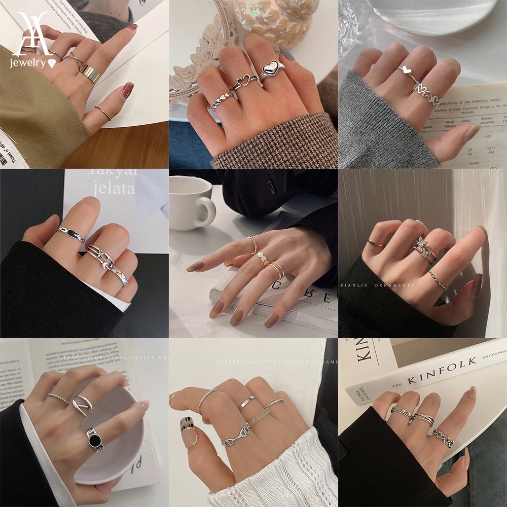 AY(CN) Set Perhiasan Cincin Bentuk Kupu-Kupu Hati Aksen Mutiara Warna Emas Perak Untuk Wanita