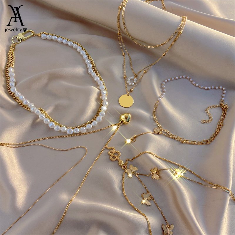 AY(CN) Multi-layer Gold Chain Necklace Fashion Butterfly Snake Moon Love Heart Pearl Necklace for Women Jewelry Accessories Gift