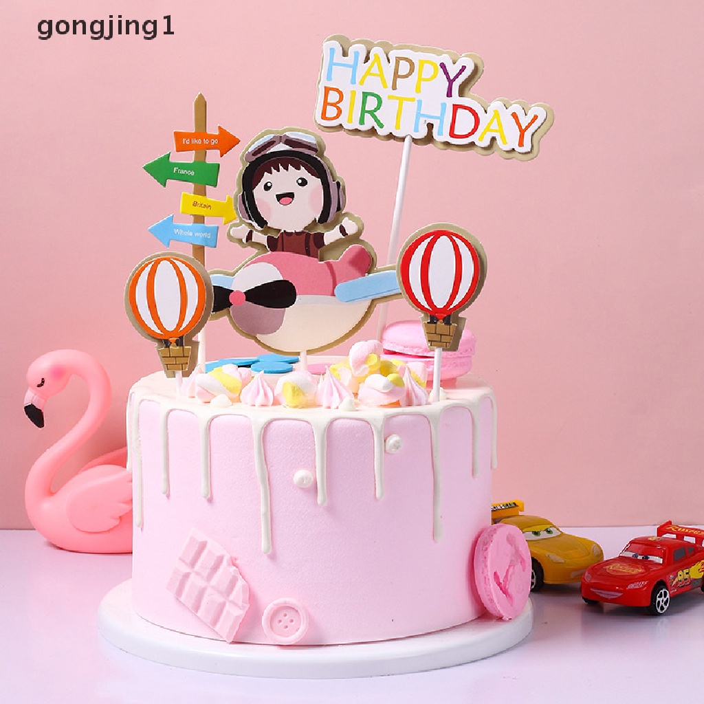 Ggg Happy Birthday Cake Topper Pilot Pesawat Mobil Pohon Awan Anniversaire Decor Flag ID