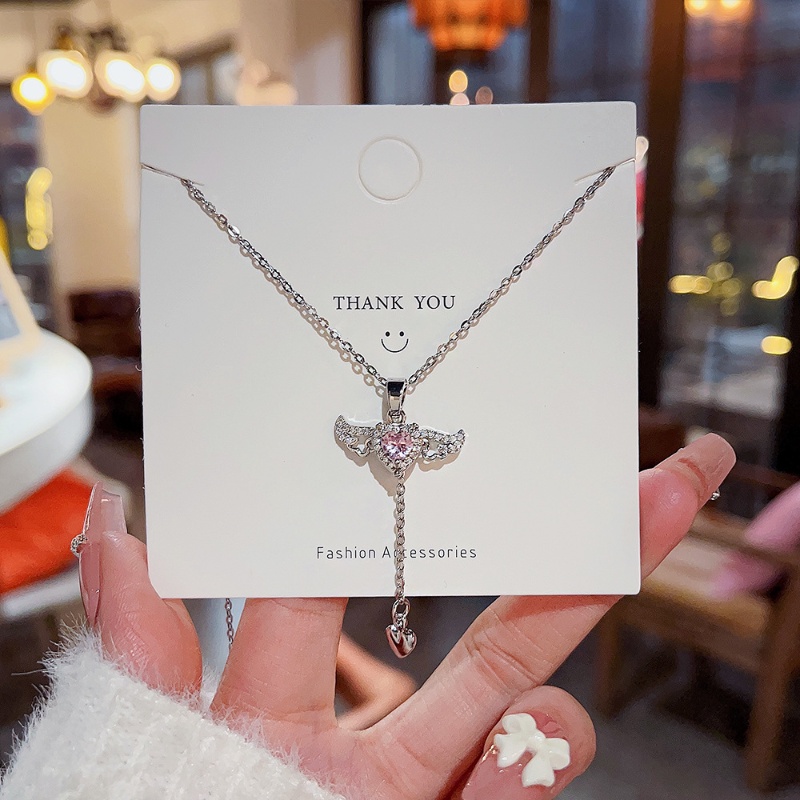 Cupid Pink Zirkon Cinta Kalung Korea Indah Berlian Sayap Malaikat Kalung Fashion Wanita Korea Necklace