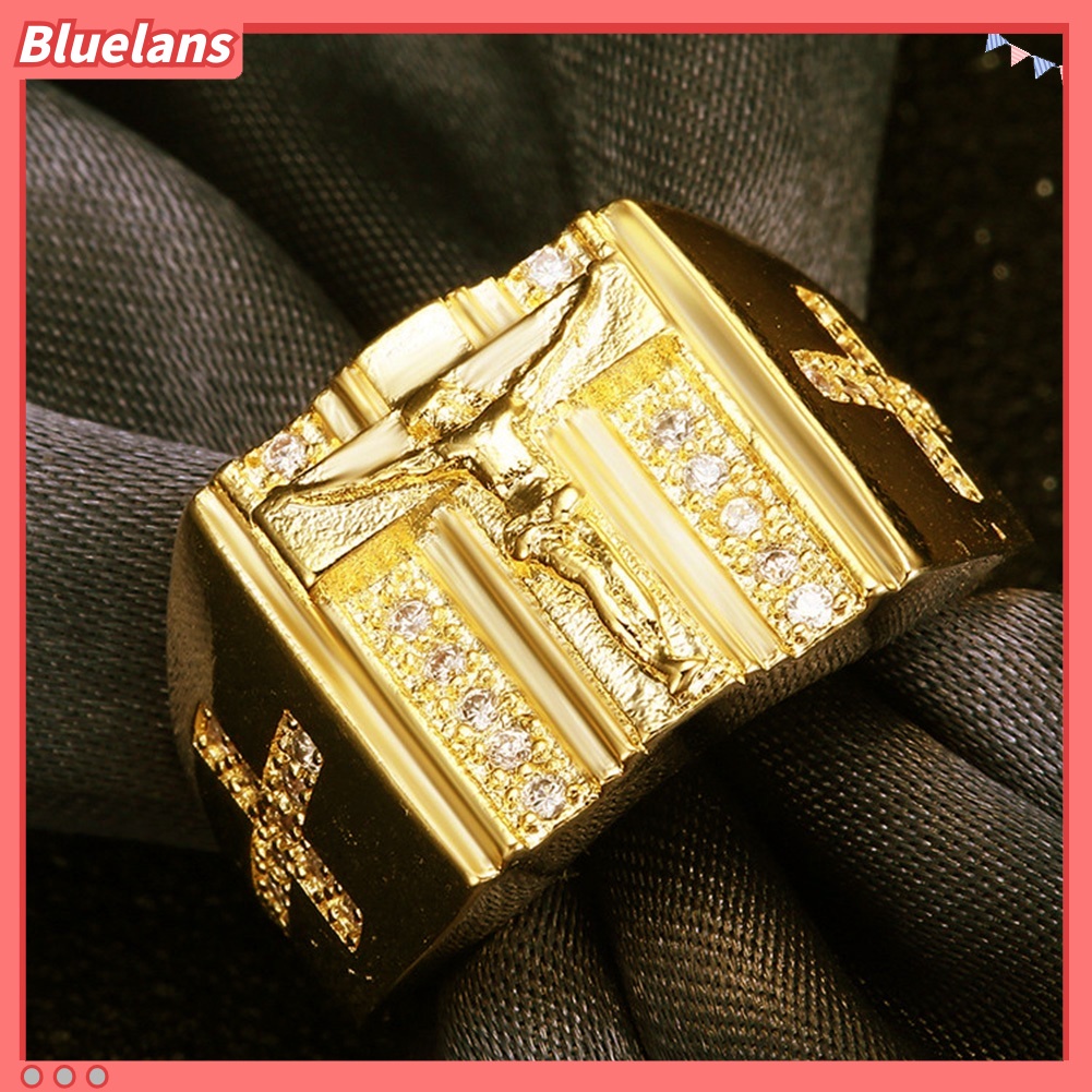 {In Stock} Chic Salib Yesus Ukir Cubic Zirconia Bertatahkan Cincin Unisex Perhiasan Pernikahan Hadiah