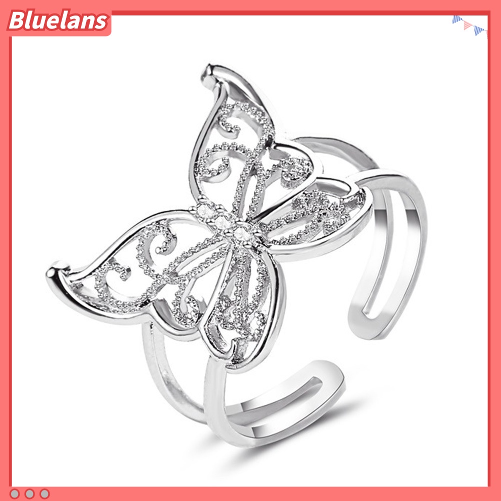 {In Stock} Fashion Wanita Berongga Kupu-Kupu Berlian Imitasi Pembukaan Lebar Jari Cincin Perhiasan Pesta