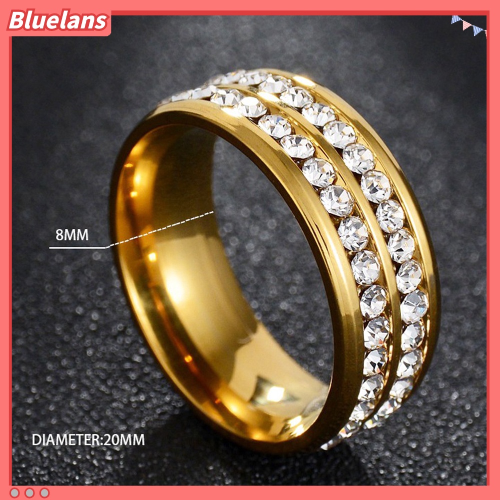 {In Stock} Wanita Mewah Baris Ganda Berlian Imitasi Bertatahkan Jari Cincin Pernikahan Pertunangan Perhiasan
