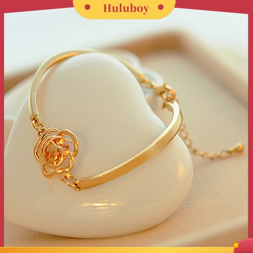 {Ready Stock} Wanita Emas Bunga Kristal Mawar Bangle Cuff Rantai Gelang Chic Perhiasan Hadir