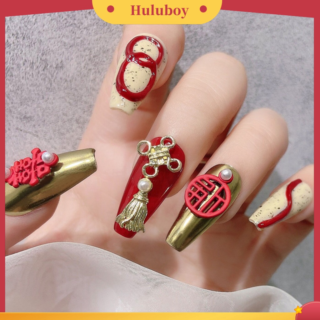 {In Stock} 2Pcs Manicure Dekorasi Aplikasi Lebar Mudah Di Aplikasikan Ornamen Kuku Simpul Cina Merah Alloy Untuk Pengantin Wanita