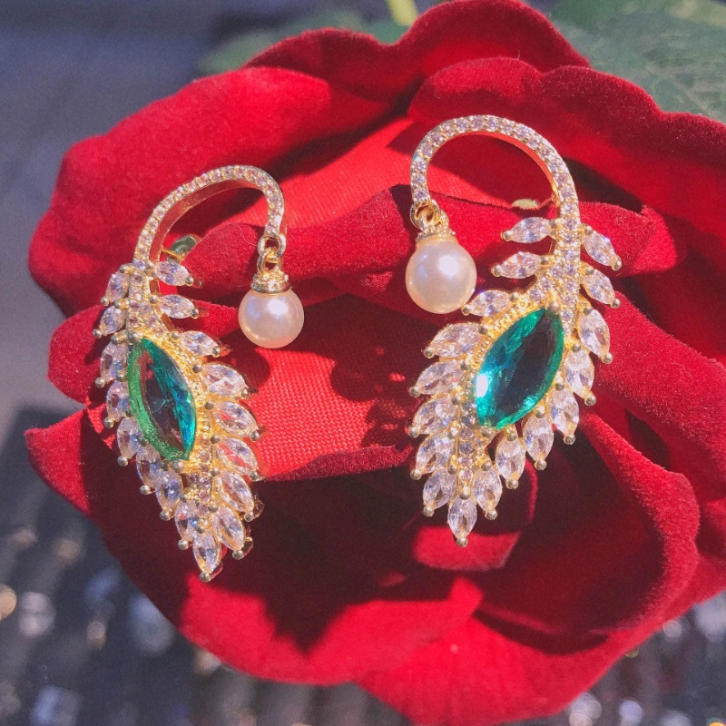 Goldkingdom Fashion Perhiasan Aksesoris Ready Stock Bulu Merak Berlian Hijau Bertatahkan Anting Transparan Kristal Burik Zamrud Vintage Feng Shui Telinga Giwang Anting Serbaguna