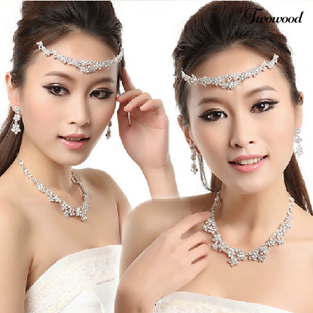 Twowood Elegan Berlian Imitasi Bridal Wanita Set Perhiasan Anting Kalung Kepala Rantai Tiara