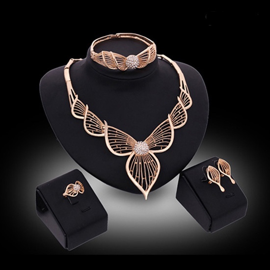 Twowood Princess Sweet Set Perhiasan KC Lapis Emas Hollow Kalung Bangle Cincin Anting