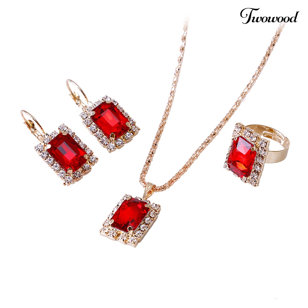 Twowood Fashion Set Perhiasan Wanita Perjamuan Pesta Pernikahan Kalung Anting Cincin Jari