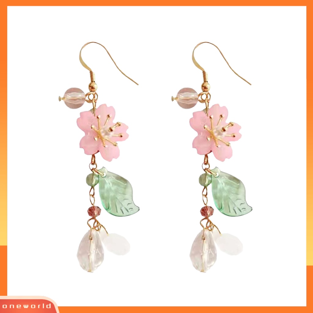 [OWR] 1pasang Ladies Earrings Unik Chic Semua Pertandingan Panjang Elegan Hias Logam Bunga Sakura Menjuntai Anting Hadiah