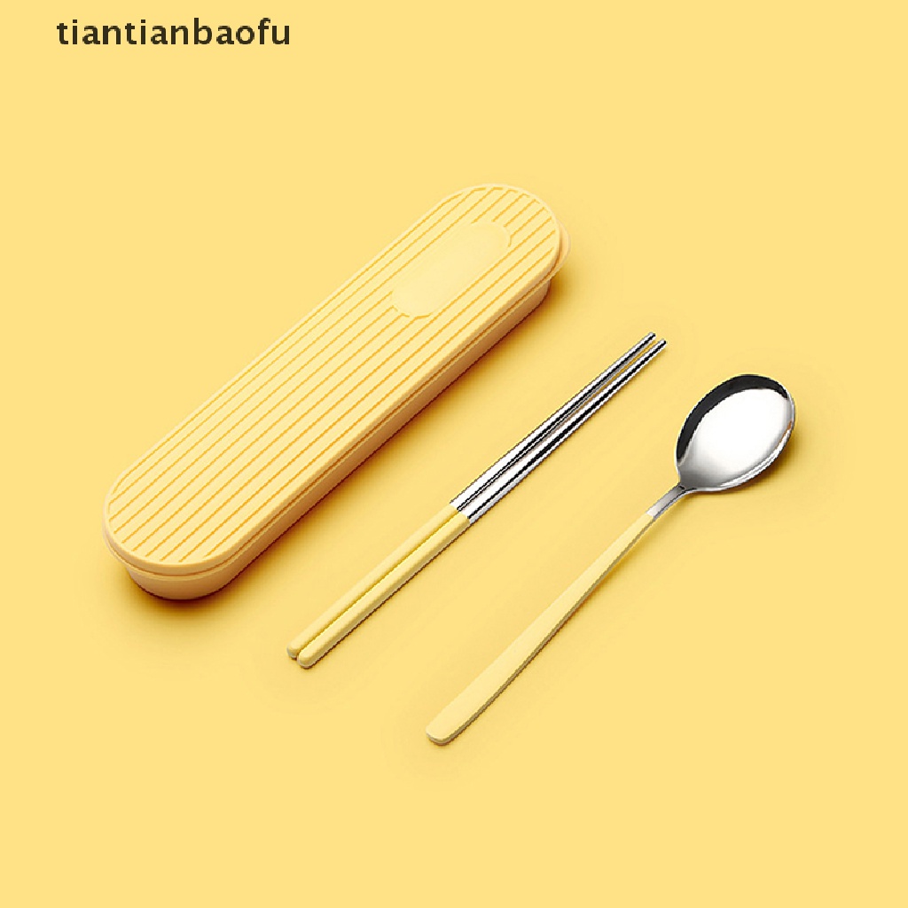 [tiantianbaofu] 2/3pcs Portable304Stainless Steel Cutlery Set Sumpit Sendok Set Dengan Wadah Butik