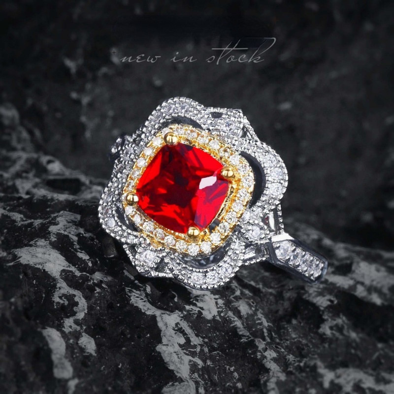 Goldkingdom Aksesoris Perhiasan Fashion Ready Stock Itali Bertekstur Ukir Emas Disikat Iris Mozambik Alami Tidak Gosong Darah Burung Merpati Merah Permata Cincin Perempuan.