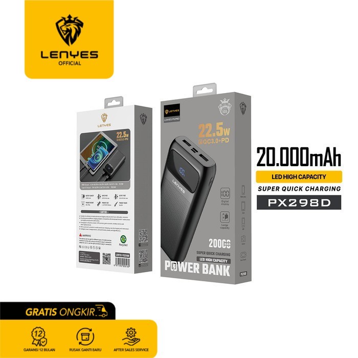 LENYES PX298D Powerbank 20000mAh QC 22.5W LED Real Capacity Original - Black portable power bank emergency charger