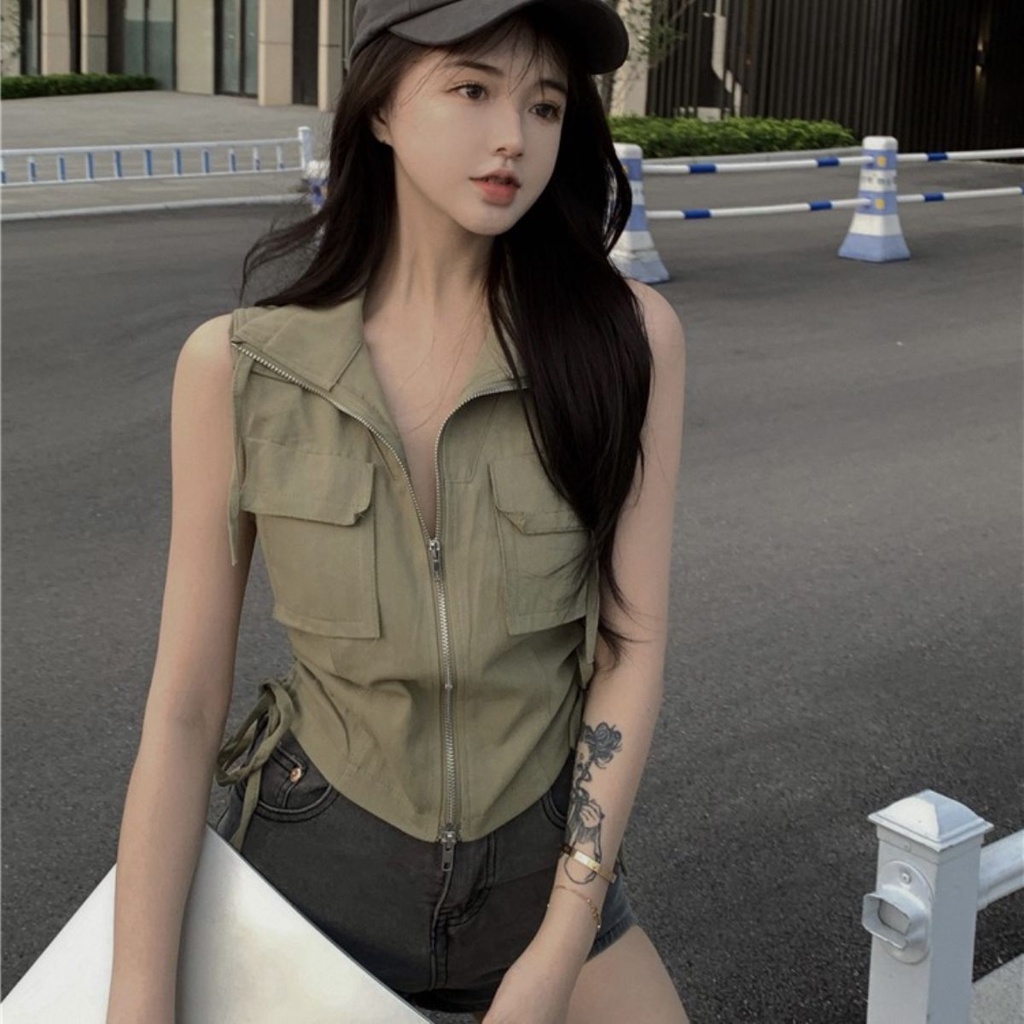 Red Pocket Sleeveless Top Street Wind Zipper Tooling High-end Pony Clip Women s Summer Thin Section BM Longgar Casual Short Jacket