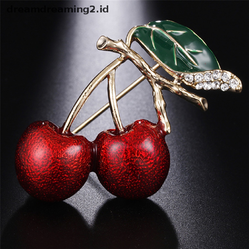 (hot) Enamel Merah Cherry Logam Bros Pin Tombol Kristal Bros Sweater Klip Perhiasan//