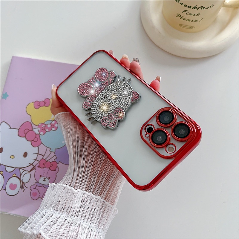 Casing Ponsel hello kitty Kristal Mengkilap Mewah Kompatibel Untuk iphone11 12 13 14PROMAX X XS XR XSMAX 14Pro Dengan film Pelindung Lensa shockproof back cover casing