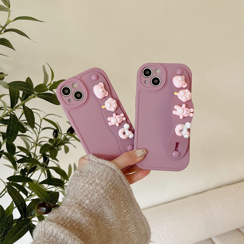 IPHONE Gelang Boneka Beruang Bunny Support Soft Case HP iP Iphone6 6S 7 8 14+Plus SE 2020 X XS XR 11 12 13 Pro Max Purple FTD Casing Apple