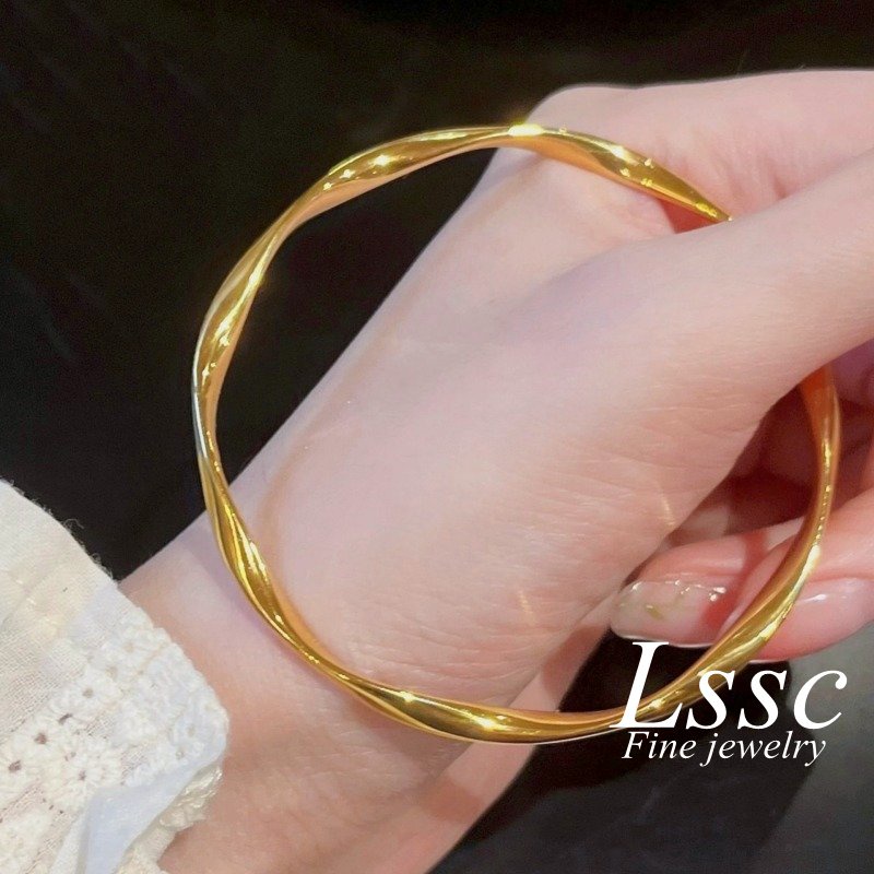 Gelang Titanium Wanita Anti Karat Mobius Tidak Beraturan Emas 18K Cantik Fashion Korea Bangle Aksesoris Perhiasan