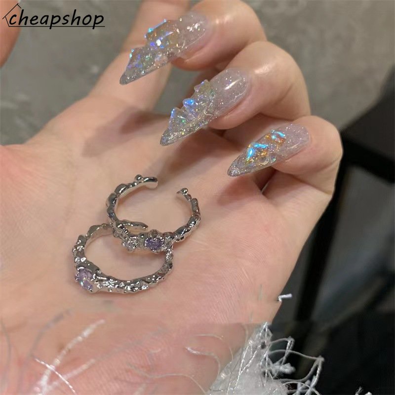Ifyou 2Pcs/Set Cincin Kristal Ungu Manis Set Zirkon Pembukaan Yang Dapat Disesuaikan Rings Untuk Aksesoris Perhiasan Wanita