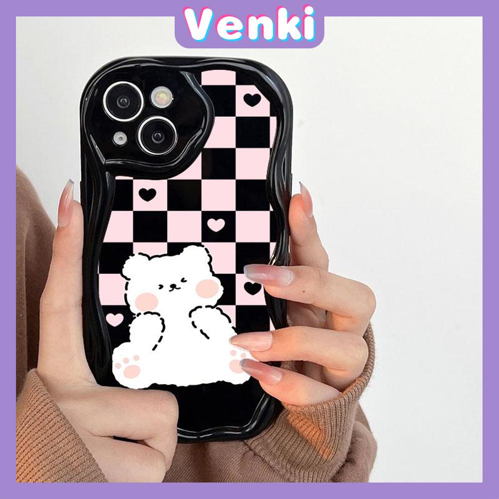 Case for iPhone 11 Pro Max TPU Soft Glossy Curved Wave Case Cute Checkerboard Cartoon Bear Camera Protection Shockproof For iPhone 14 13 12 11 Plus Pro Max 7 Plus X XR