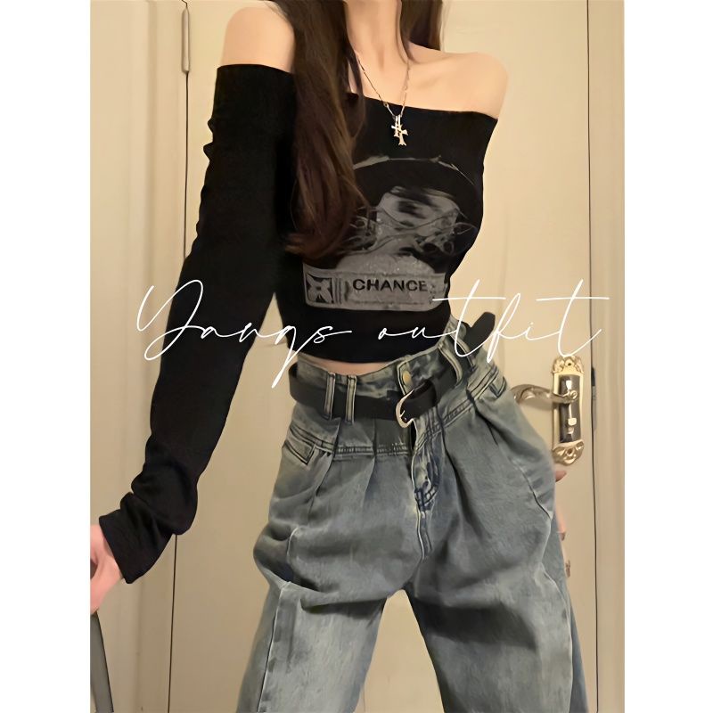 Red Hitam one-shoulder babes top wanita awal musim semi baru slim fit dan tipis pendek American print bottoming T-shirt trendy in