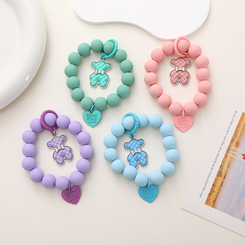 Rantai Manik-Manik Karet Bulat Warna Macaron Dengan Kotak-Kotak Beruang Charms Liontin Untuk Universal Bluetooth Earphone Pelindung Case Cover DIY Membuat Rantai Anti-Hilang