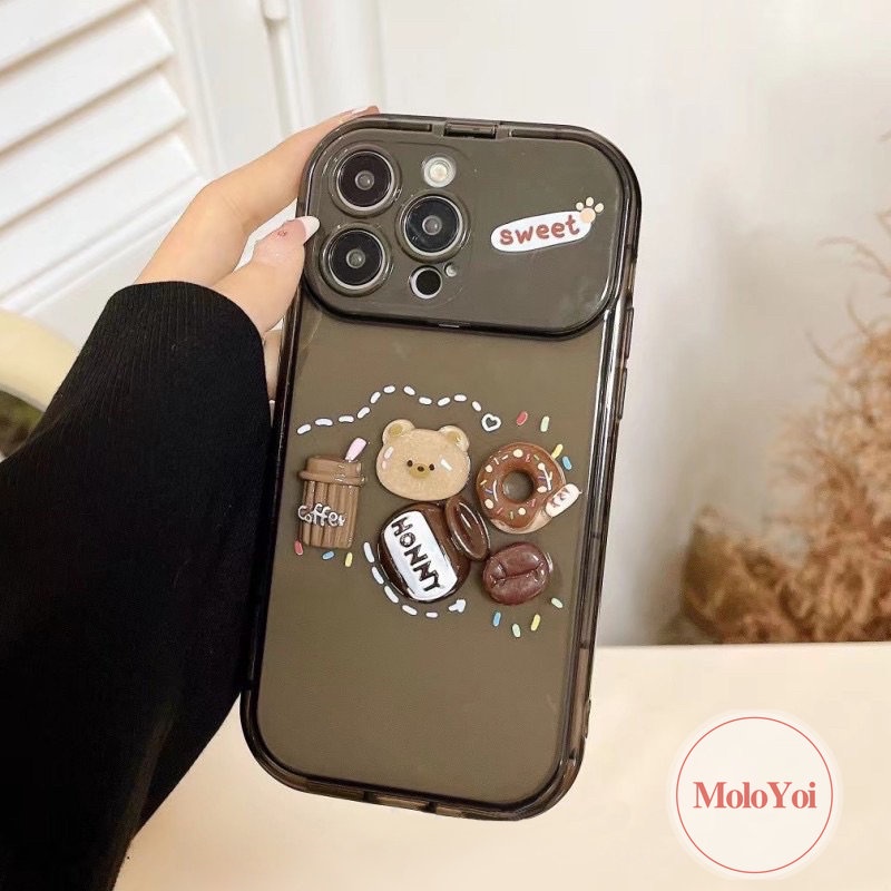 Boneka 3D Lucu Kopi Susu Teh Beruang Case Kompatibel Untuk IPhone 7Plus XR 11 14 13 12 Pro Max7 8 14 Plus X XS MAX SE 2020 Kreatif Flip Make Up Cermin Shockproof Lembut TPU Phone Cover