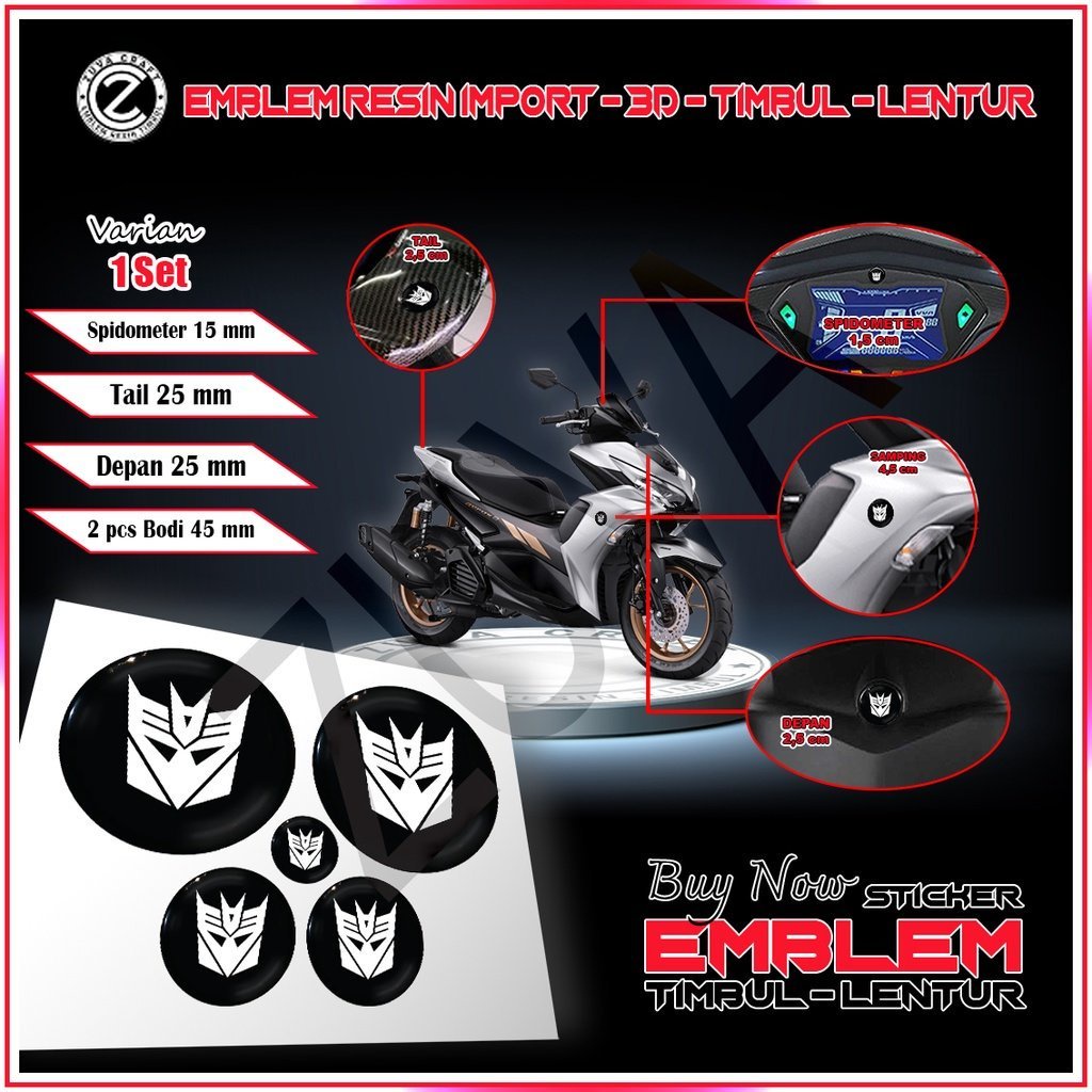 STIKER MOTOR 3D TIMBUL LENTUR EMBLEM LOGO DECEPTICONS PUTIH YAMAHA AEROX NMAX LEXI SET AESTHETIC KER