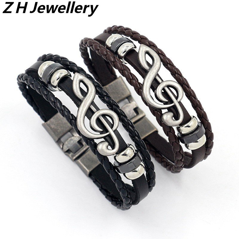 [Z H Perhiasan] Vintage Rock Tone Gelang Kulit Pria Dan Wanita Fashion Pacar Pasangan Stainless Steel Multi Layer Manik-Manik PU Gelang Punk Pesta Perhiasan Aksesoris